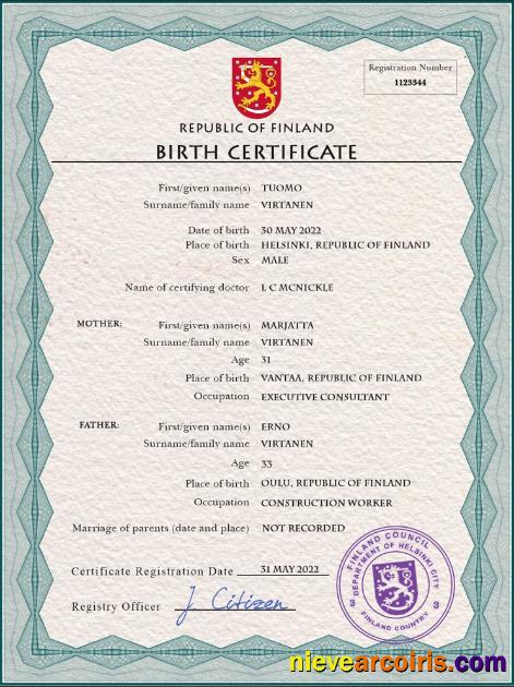 Finland vital record birth certificate